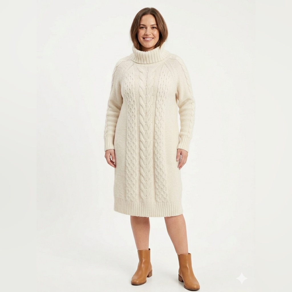 Banana Republic Cream Cable Knit Turtleneck Sweater Dress Size Xl 20% Wool